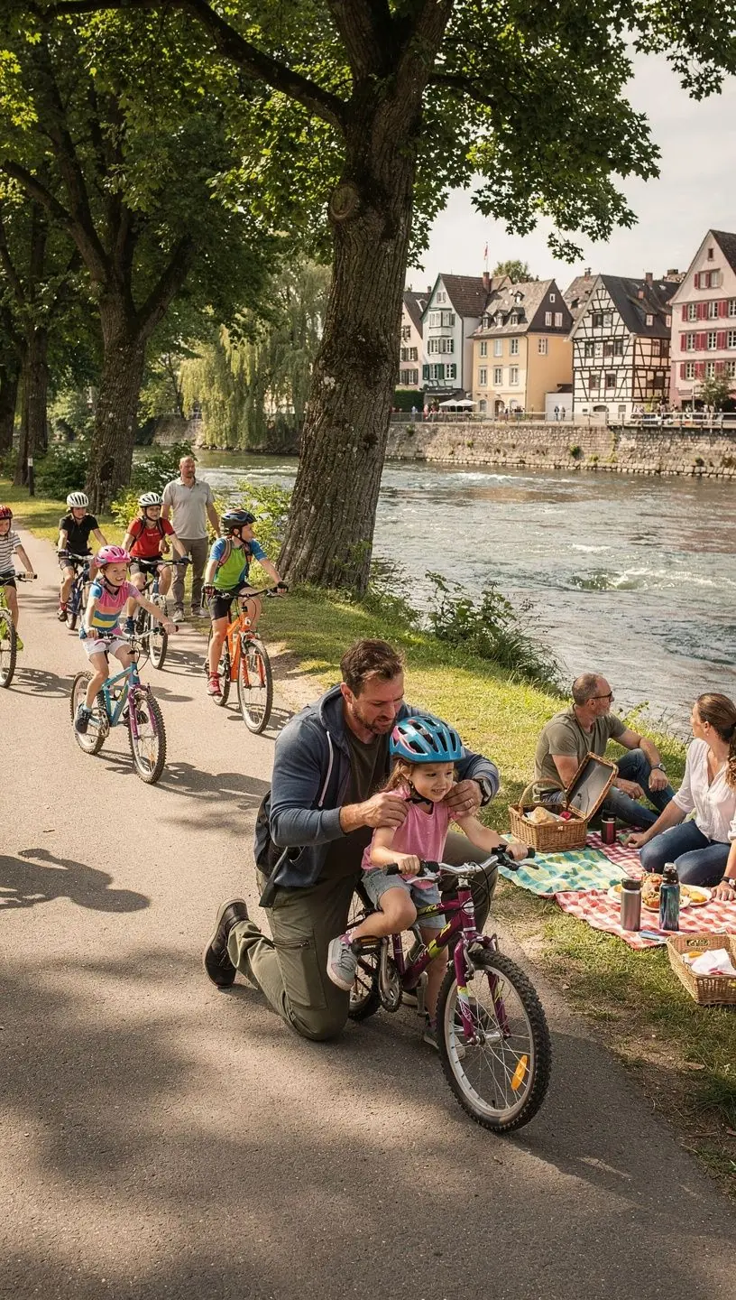 Fahrradfahrer genießen eine landschaftlich reizvolle Route entlang eines Flusses in Deutschland mit klar ausgeschilderten Radwegen. Moderne Fahrradvermietungseinrichtung mit verschiedenen Modellen und Zubehör zur Auswahl in einem deutschen Tourismuszentrum. Interaktive Karte zeigt empfohlene Radwege und Sehenswürdigkeiten für Radfahrer in einer beliebten deutschen Urlaubsregion. Fachkundige Mitarbeiter beraten Radreisende zu Routenplanung, Sicherheit und Wartung in einem Servicezentrum für Fahrradtourismus.